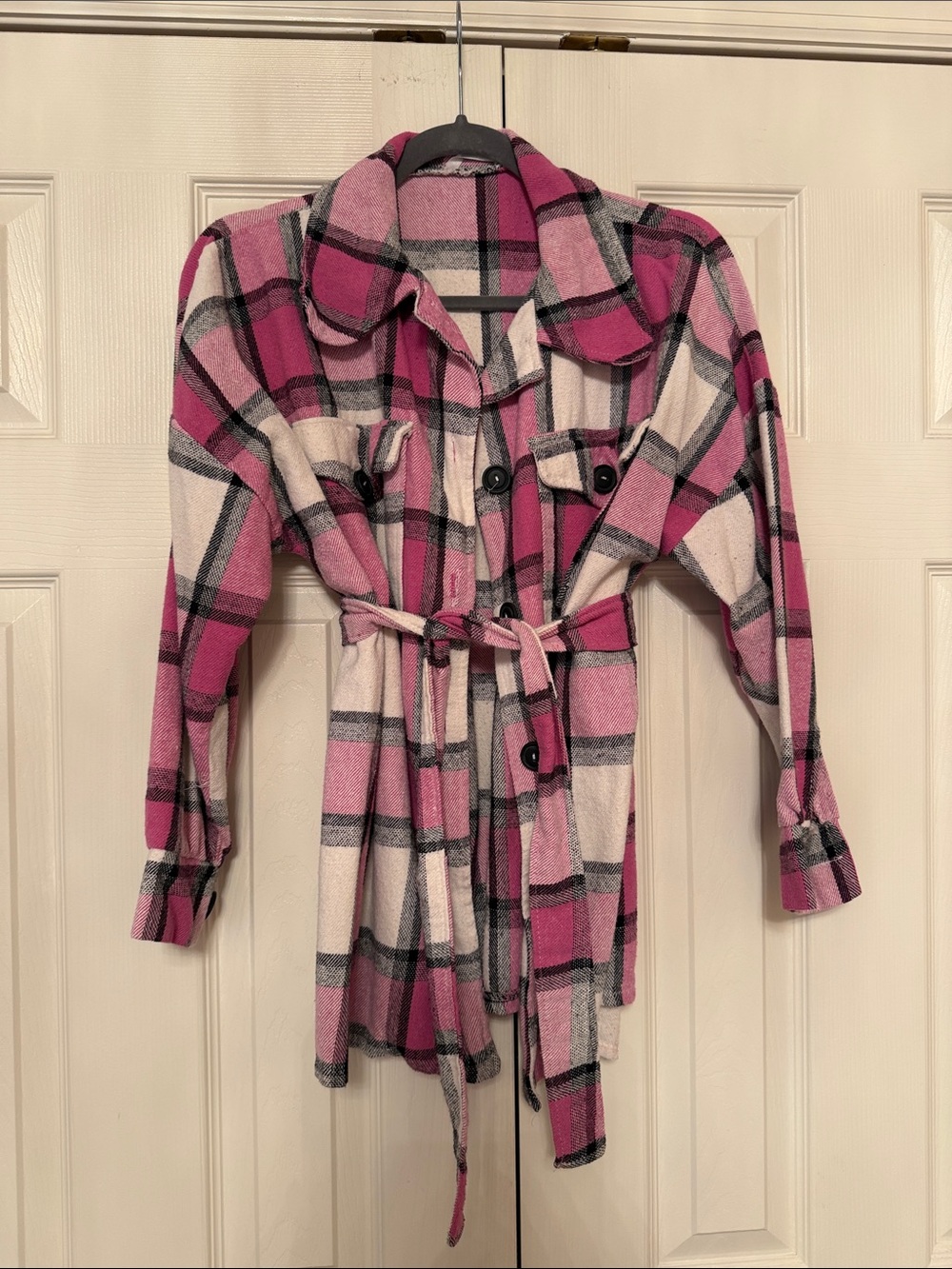 Pink Plaid Button-Up Shacket with Belt
